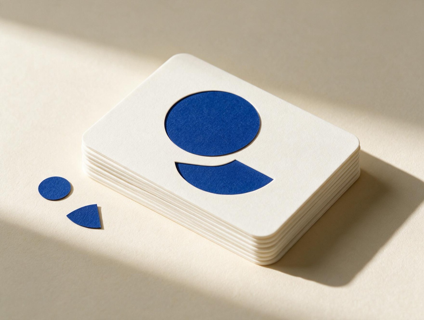 A stack of white cards with cut out blue circle shapes, small paper pieces beside it