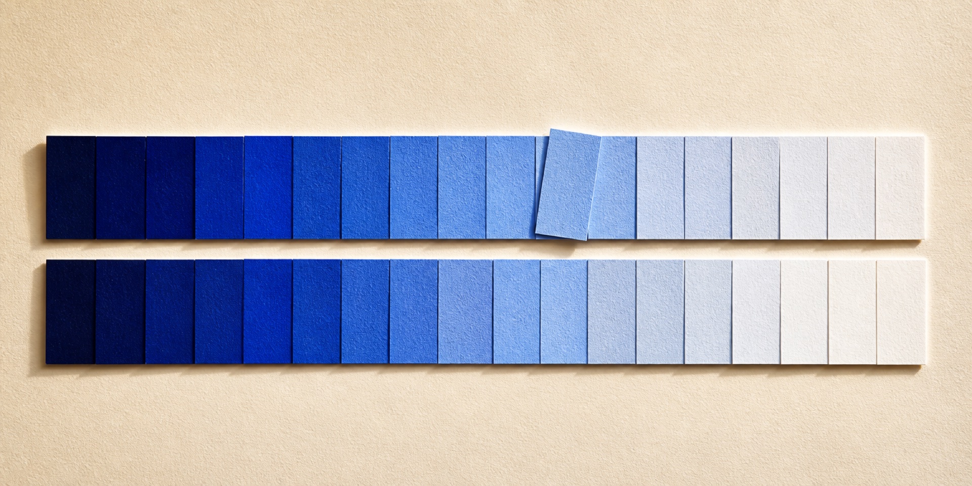 Two long rows of paper swatches grading from deep blue to white, one chip tilted